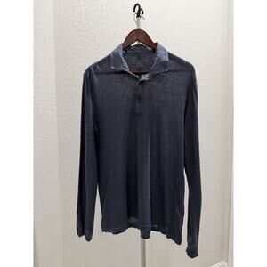 120% Lino Solid Navy Blue S100% Linen Draped Polo Shirt L